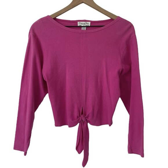 Christian Dior Vintage 80s Crop Top S Pink 3/4 Sleeve Front Tie Blouse Designer - Picture 1 of 13